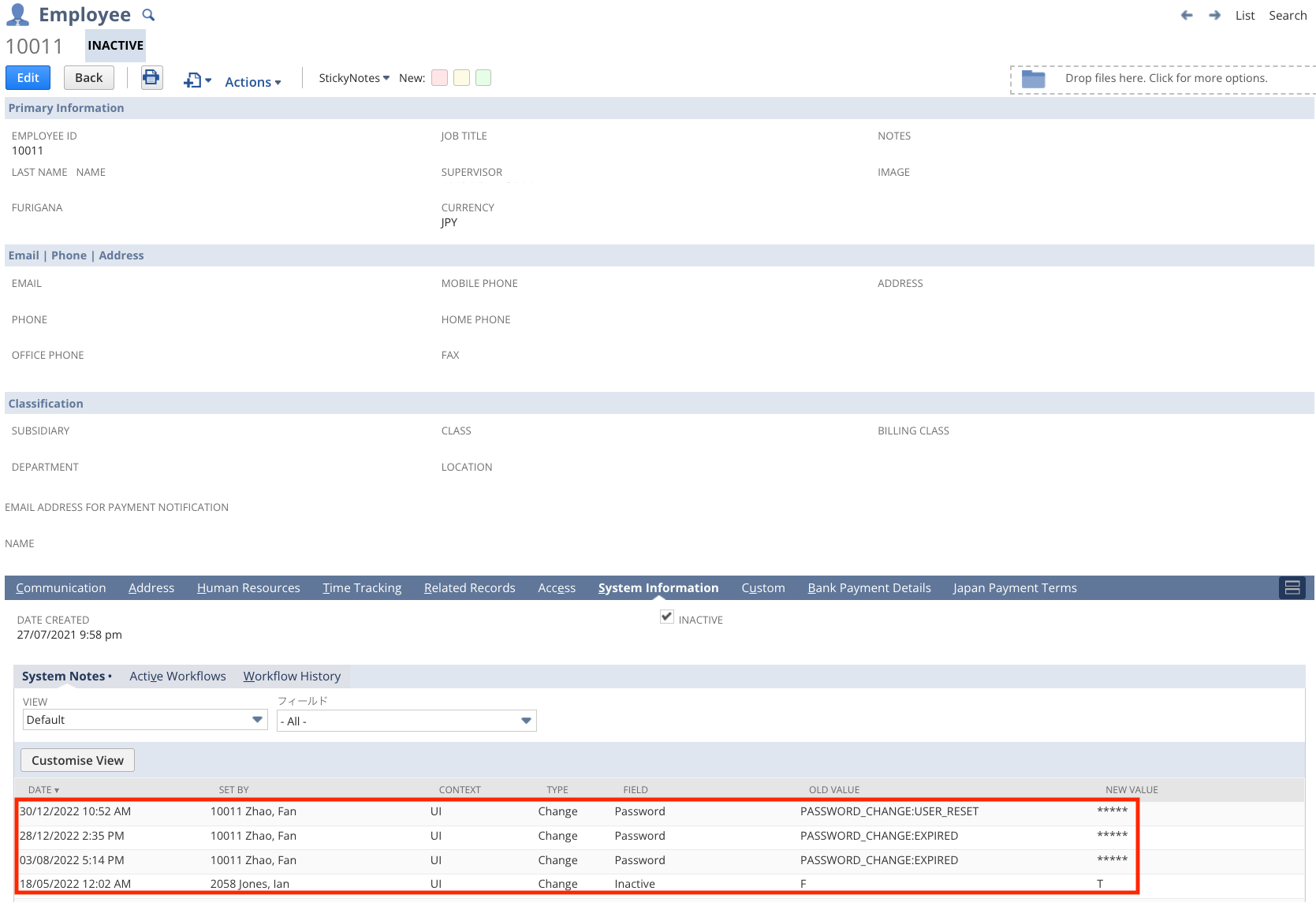 How did the employee get the password reset even though the record is
