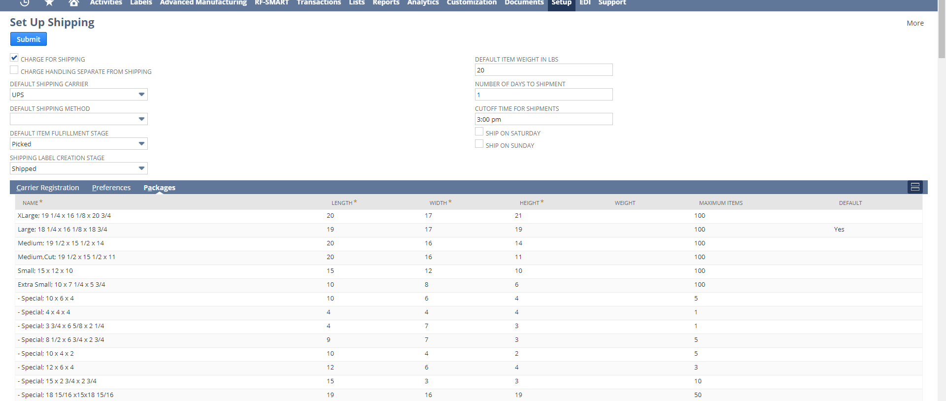 Possible to Add Dimensions of Shipping Package to Item Record