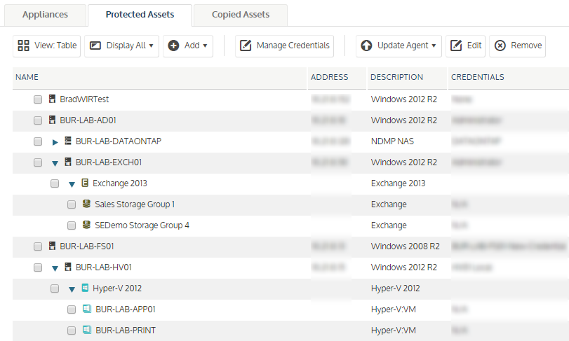Configure - Protected Assets screen