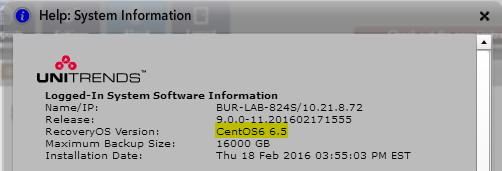 Unitrends Recovery-Series system information screen.