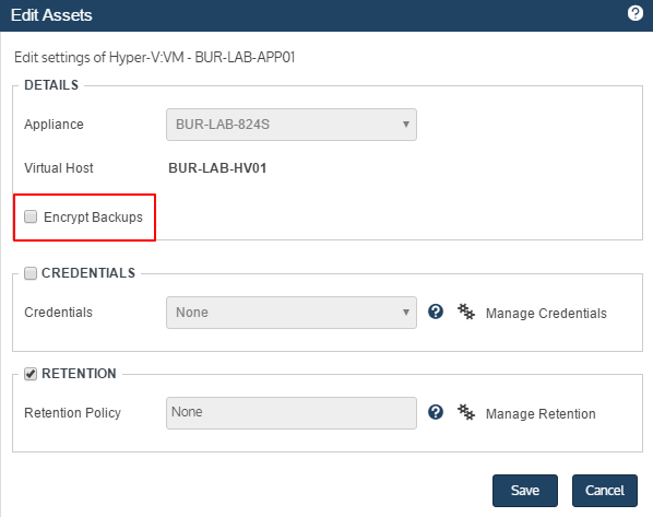 Edit Assets - Enable Encryption screen
