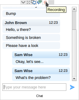 Tiny toolbar with chat open and recording active