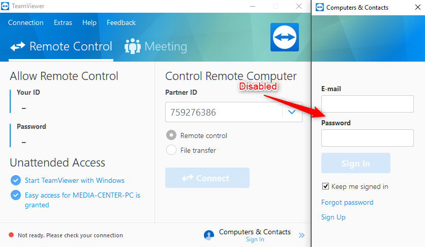 teamviewer sign in greyed out