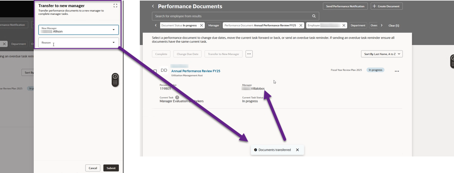 Admin unable to transfer performance document — Cloud Customer Connect
