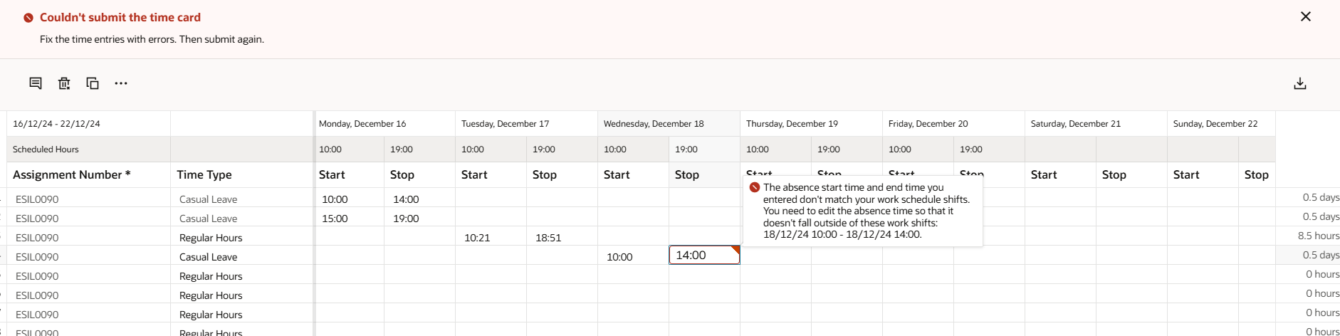 Redwood Time Card page unable to Apply Leave — Cloud Customer Connect