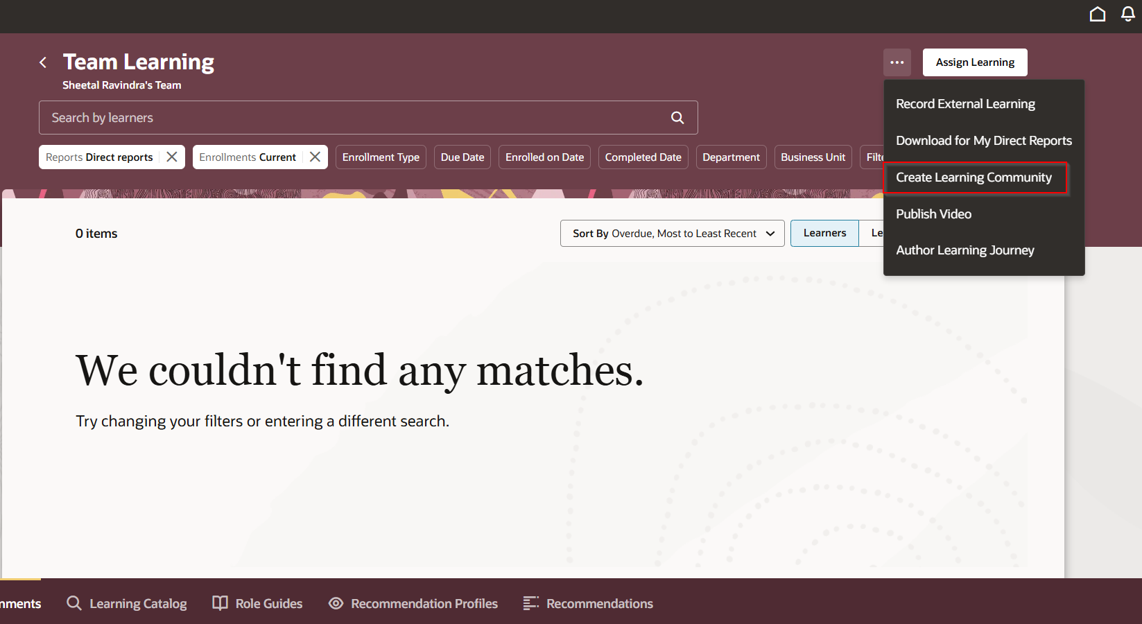 Hide "Create learning community" action for Managers under My Team tab ...