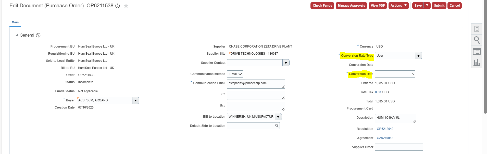 User Currency Conversion rate type on purchase order — Cloud Customer ...