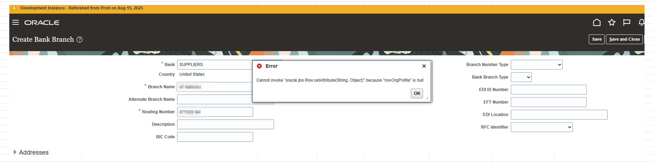 Create Bank Branch Error: Cannot invoke "" because "" is null [see ...
