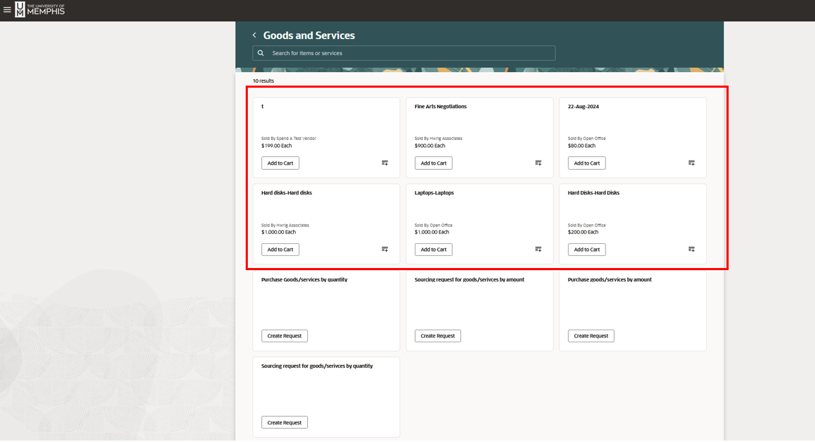 New Requisition page showing old purchased items — Cloud Customer Connect