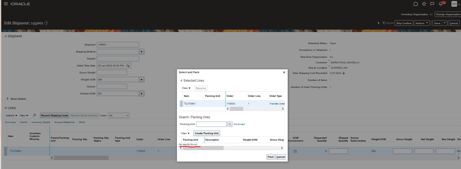 Cannot see Packin Units LOV in Ship Confirm screen — Cloud Customer Connect