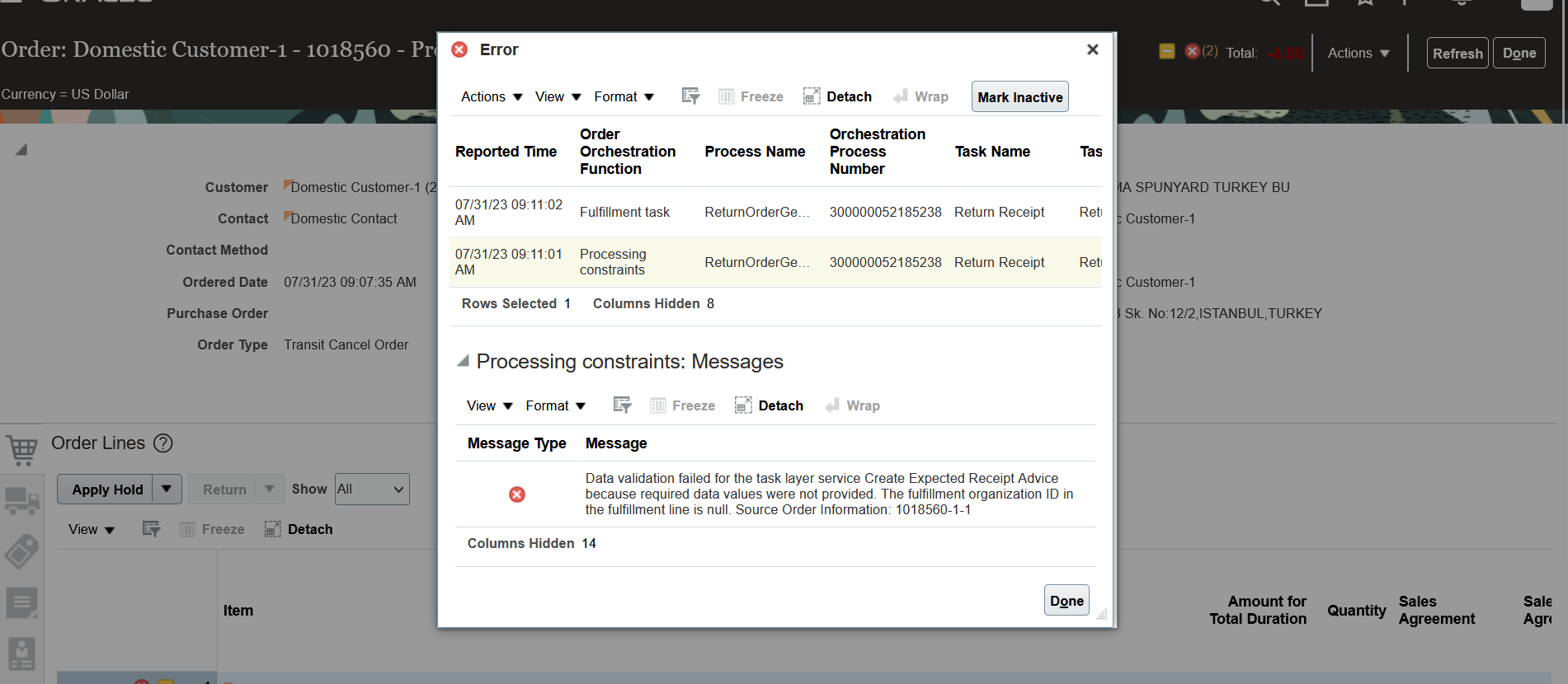 Receiving Processing Constraint Error When Progress the Sales Order ...