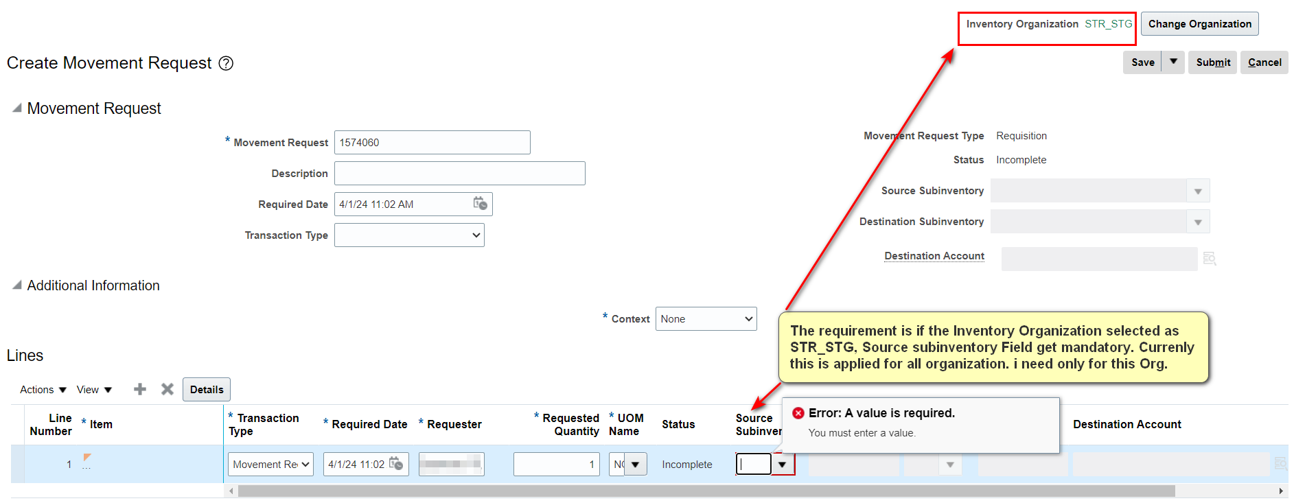Mandatory the source subinventory in Movement Request Line only for ...