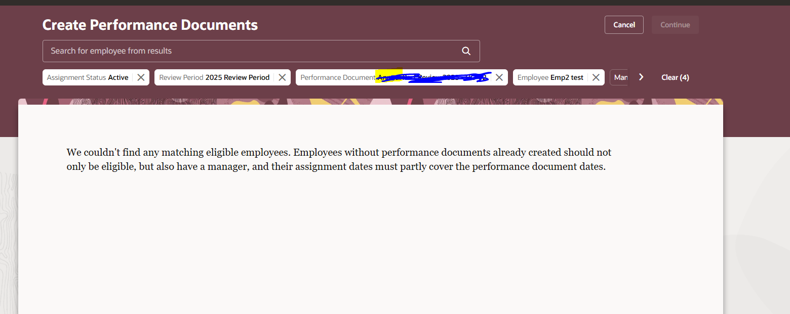 Unable to assign performance document to a person, getting some error ...