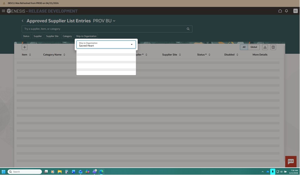 Redwood Approved Supplier Site Ship to Org dropdown values — Cloud ...