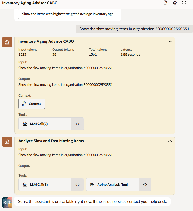 Inventory Aging Advisor AI agent is giving 500 error — Cloud Customer ...