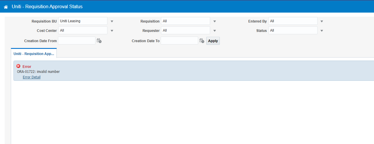 Requisition Report errors when filtering to one BU — Cloud Customer Connect