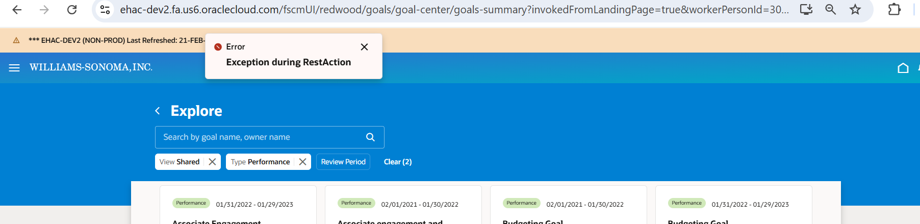 Rest API error in Explore tab in Goal Center Page — Cloud Customer Connect