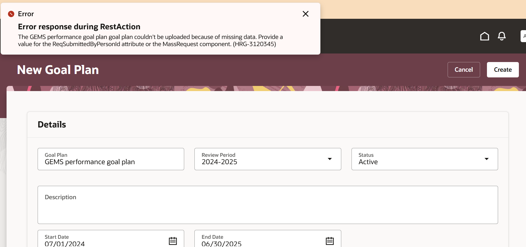 Error while creating Goal plan — Cloud Customer Connect