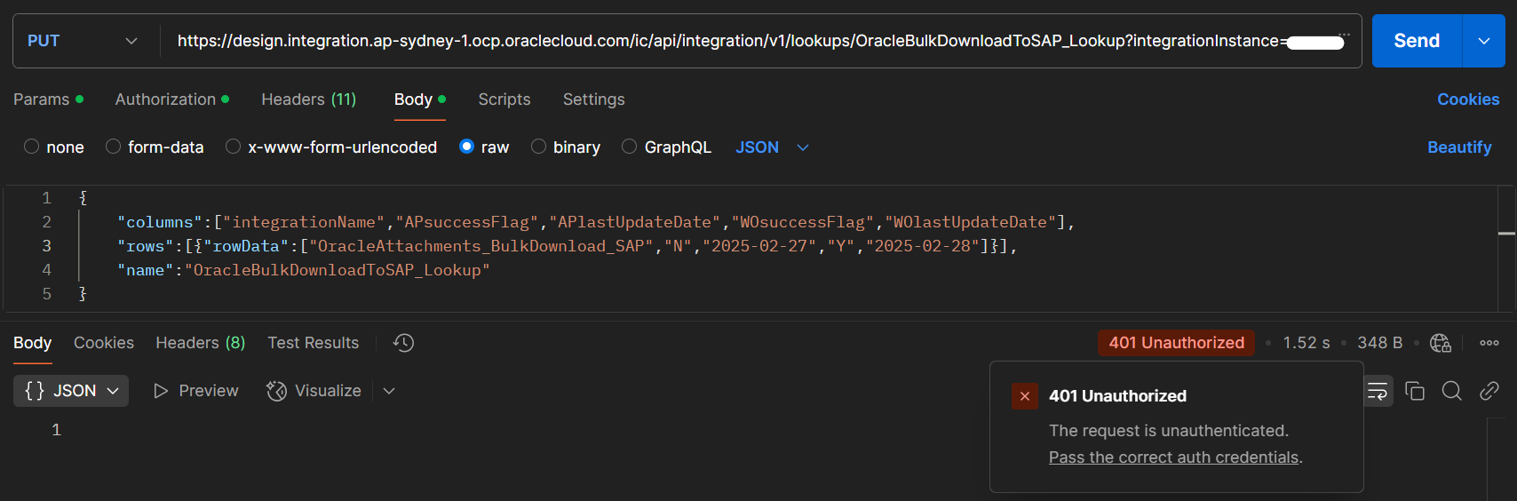 OIC 3 Getting 401 Error when updating lookup values — Cloud Customer ...