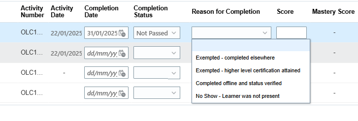 Ilt Activity Is it possible to modify the 'Reason for completion' lookup for ILT ...