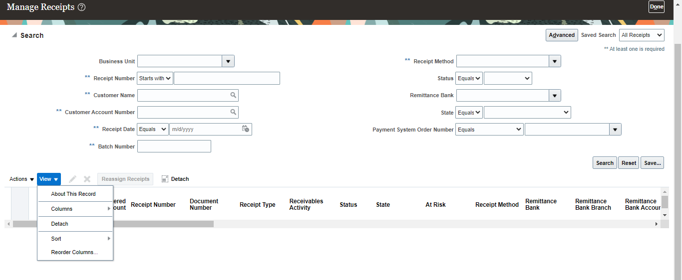 How to Enable query by example for manage receipts — Cloud Customer Connect
