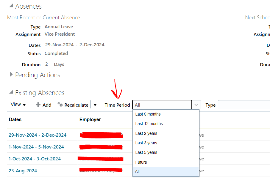 Absence - Show Current Calendar year in time period drop down in ...