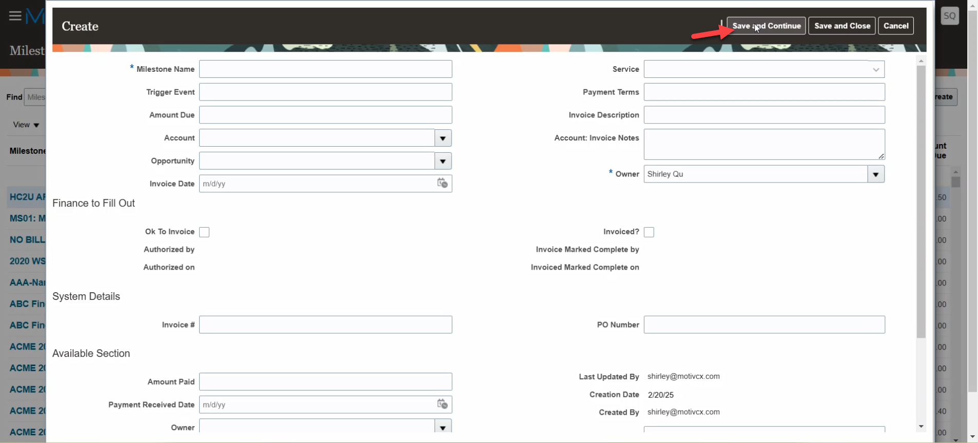 Save and Continue not available when creating a record from subtab ...