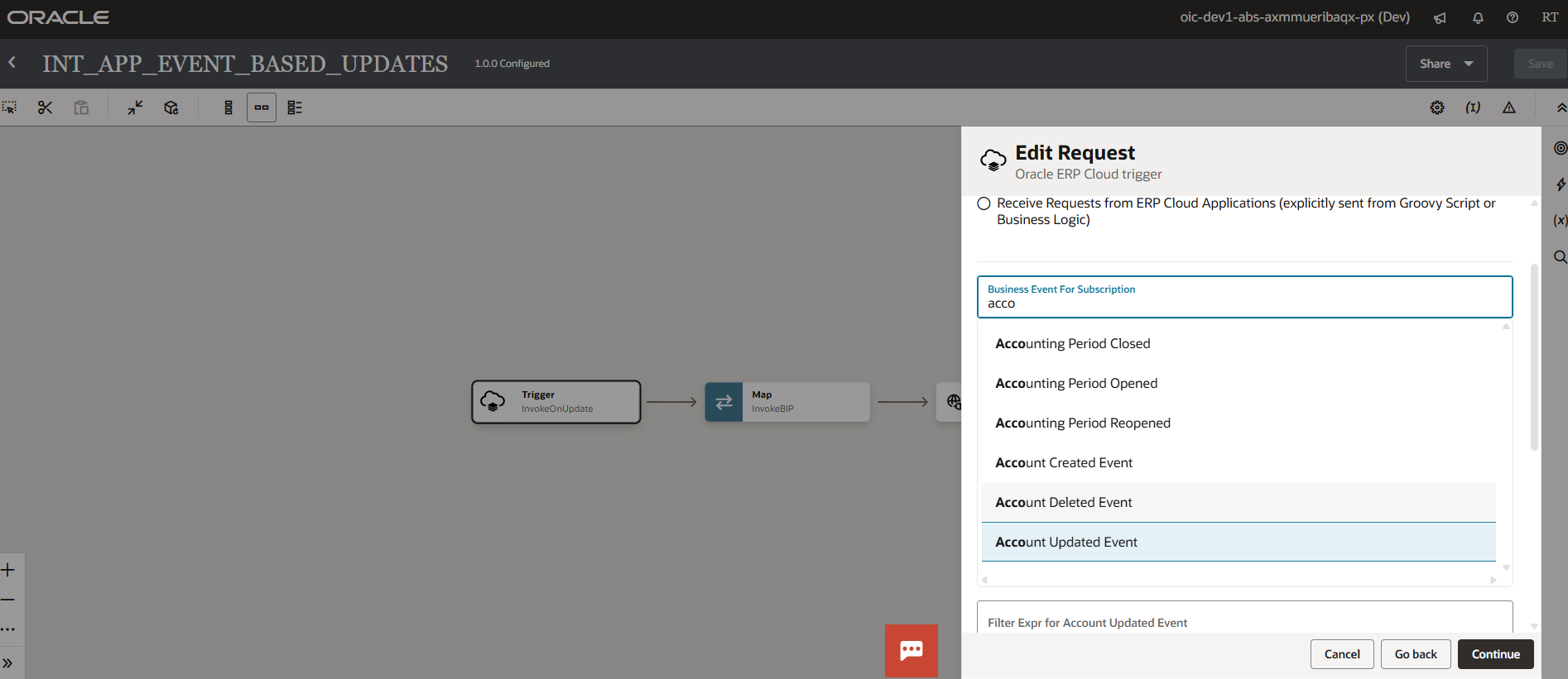 filter expression for Account Updated Event — Cloud Customer Connect