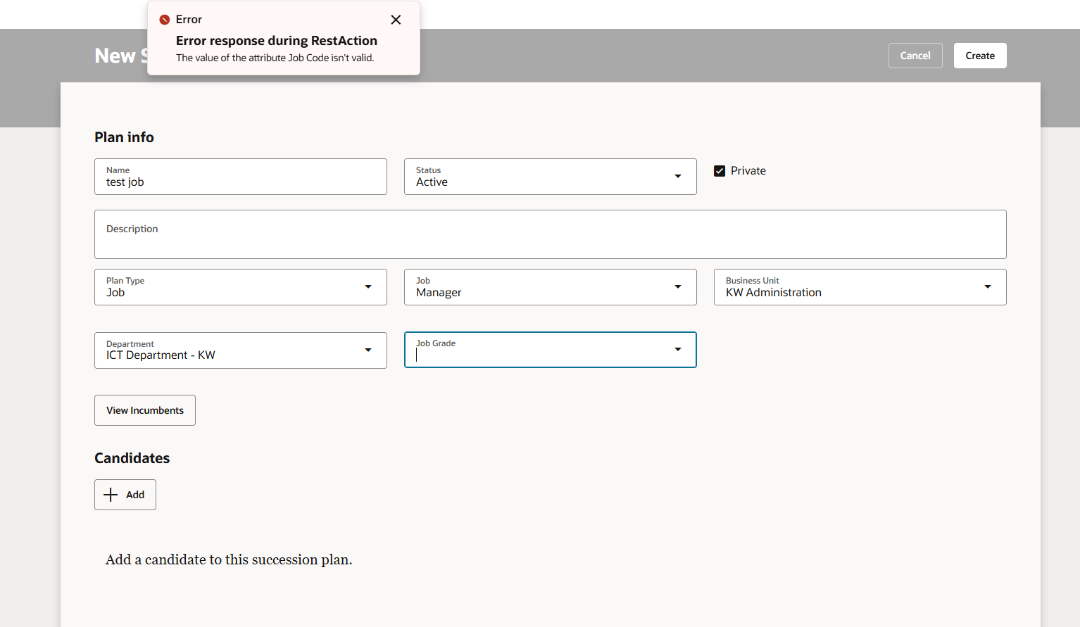 create succession plan with type job is showing error in Redwood ...
