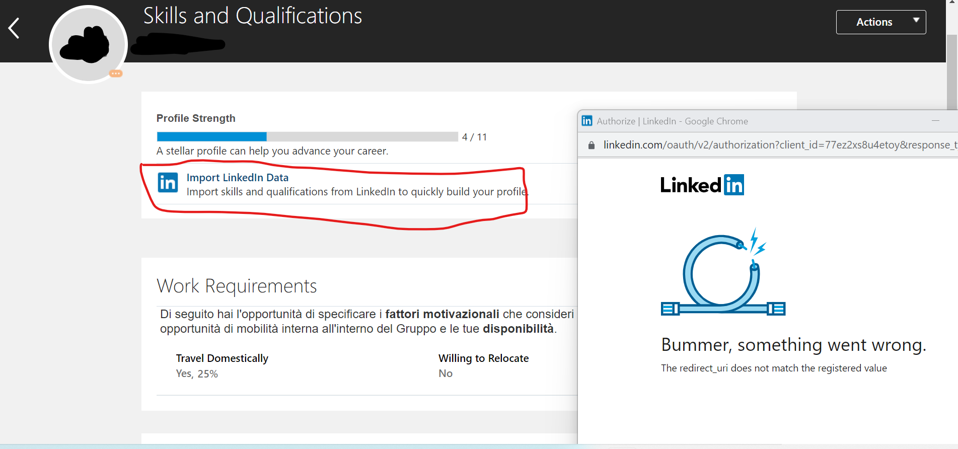 Error loading data from linkedin from the Skill and Qualification page ...
