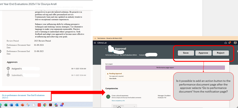 Need action button and comment section to the performance document page ...