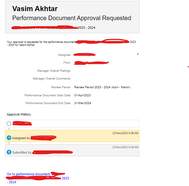 Link to performance document on approval notification is opening as ...