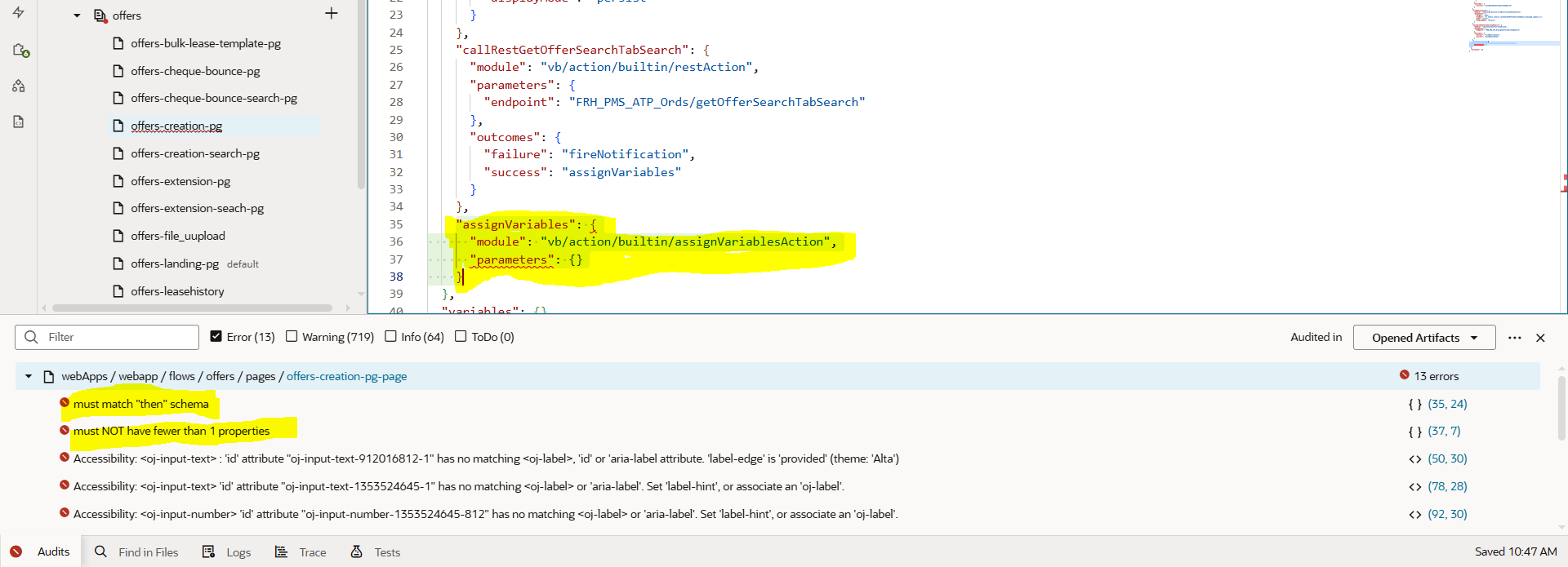 VBCS Json: IssueMust match "then" schema and Must not have fewer than 1 ...
