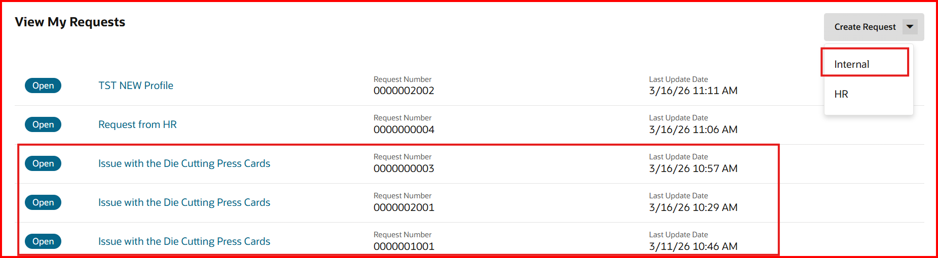 Not able to search the submitted Internal service request from Agent ...