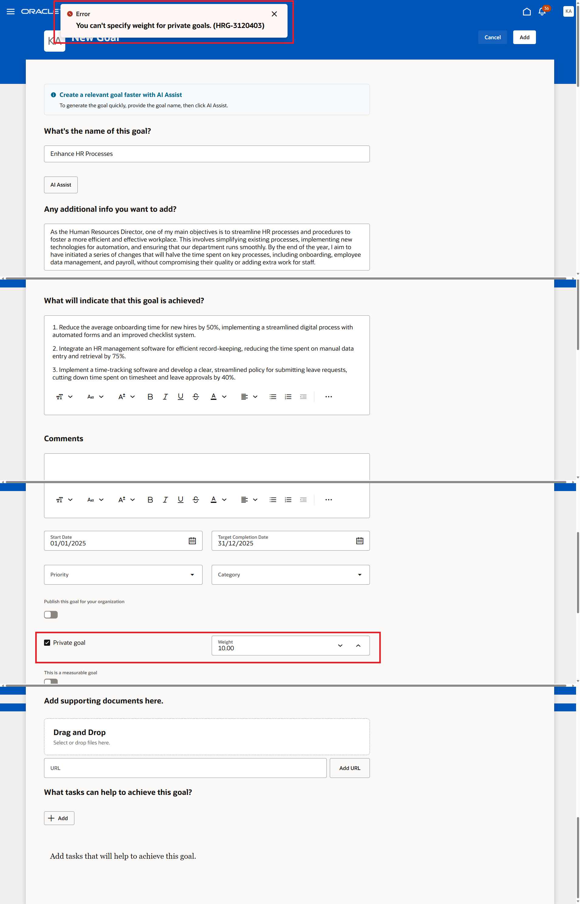 You cannot assign weights to private goals — Cloud Customer Connect