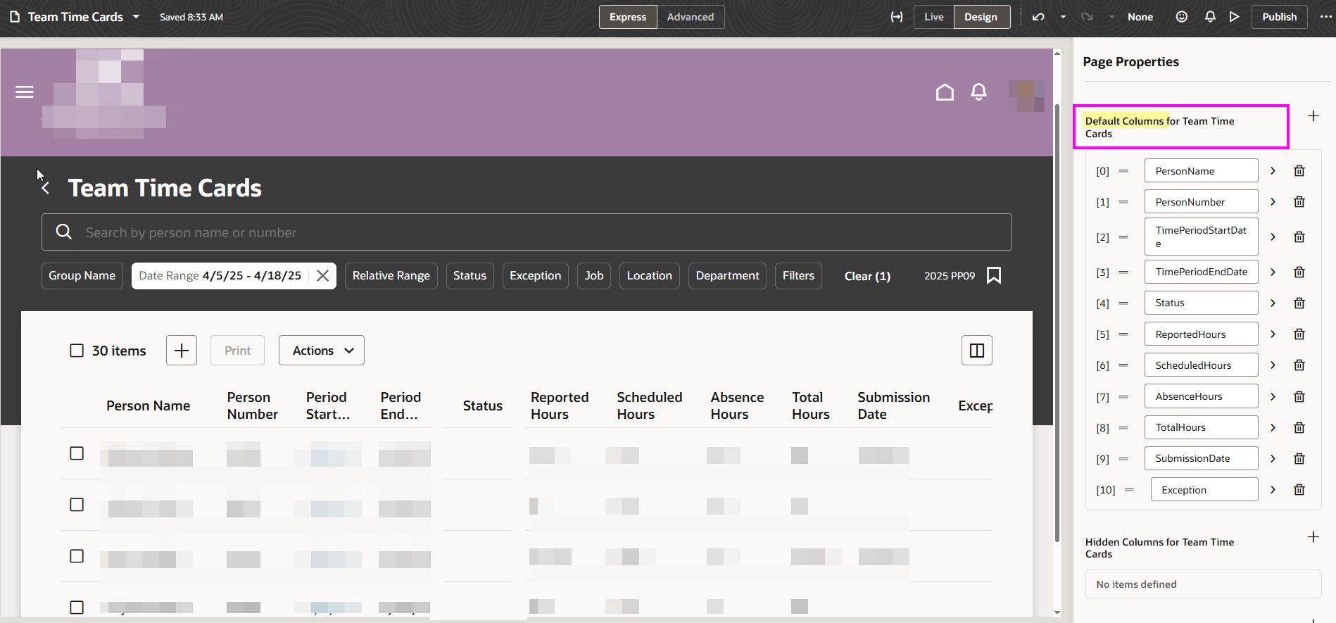Can no longer set Default Columns for Team Time Cards (post 25D ...