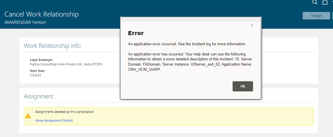 Relationship Error Receives error when try cancel work relation after wrong Global ...