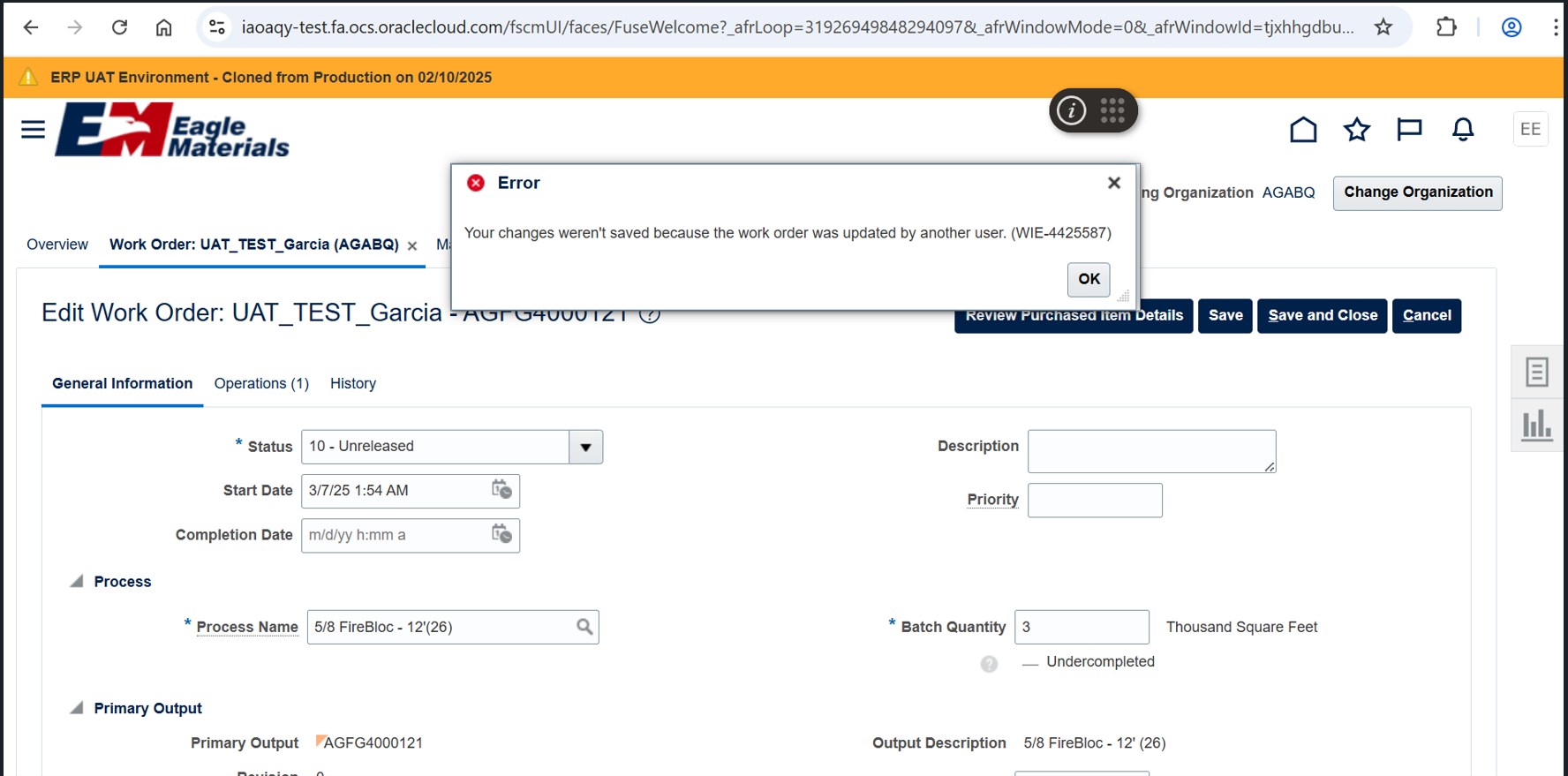 Lock error while updating Work order — Cloud Customer Connect