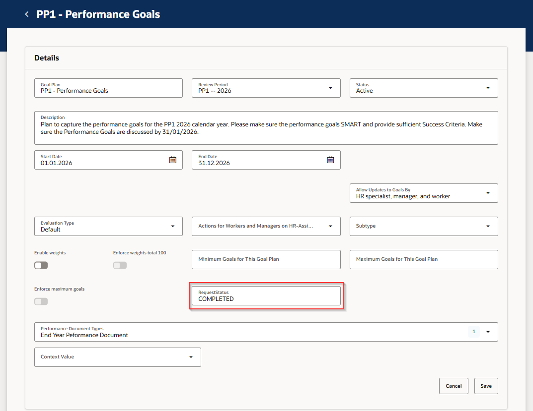 RequestStatus field under Goal Plan configuration — Cloud Customer Connect