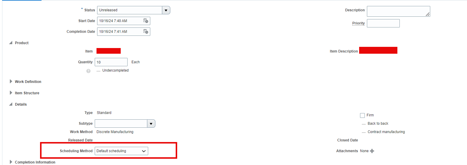 Scheduling Method in Work Order — Cloud Customer Connect