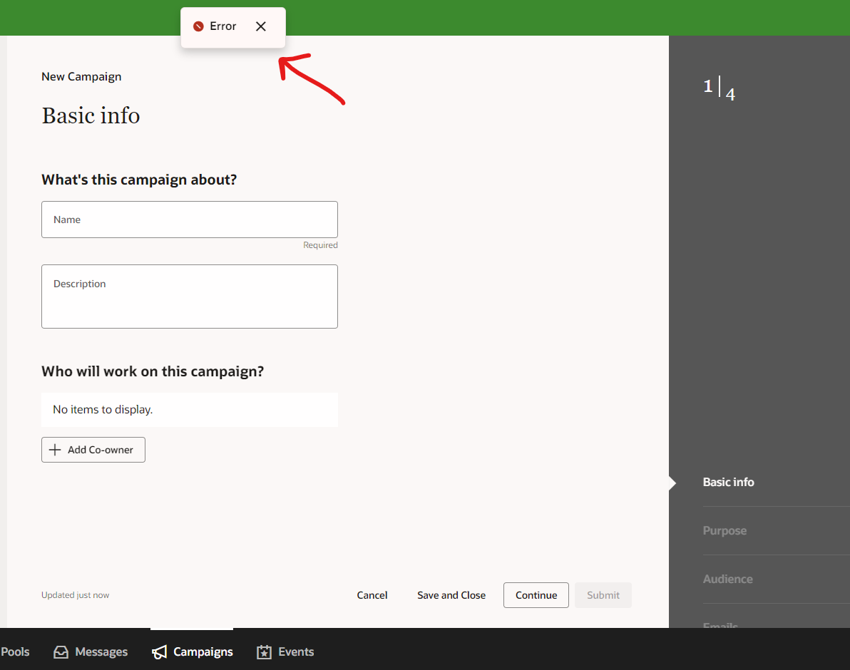 Error Appearing When Creating a New Campaign in ORC — Cloud Customer ...