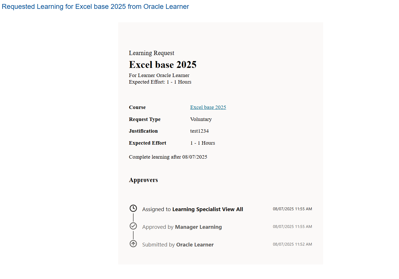 Approval notification for Learning — Cloud Customer Connect