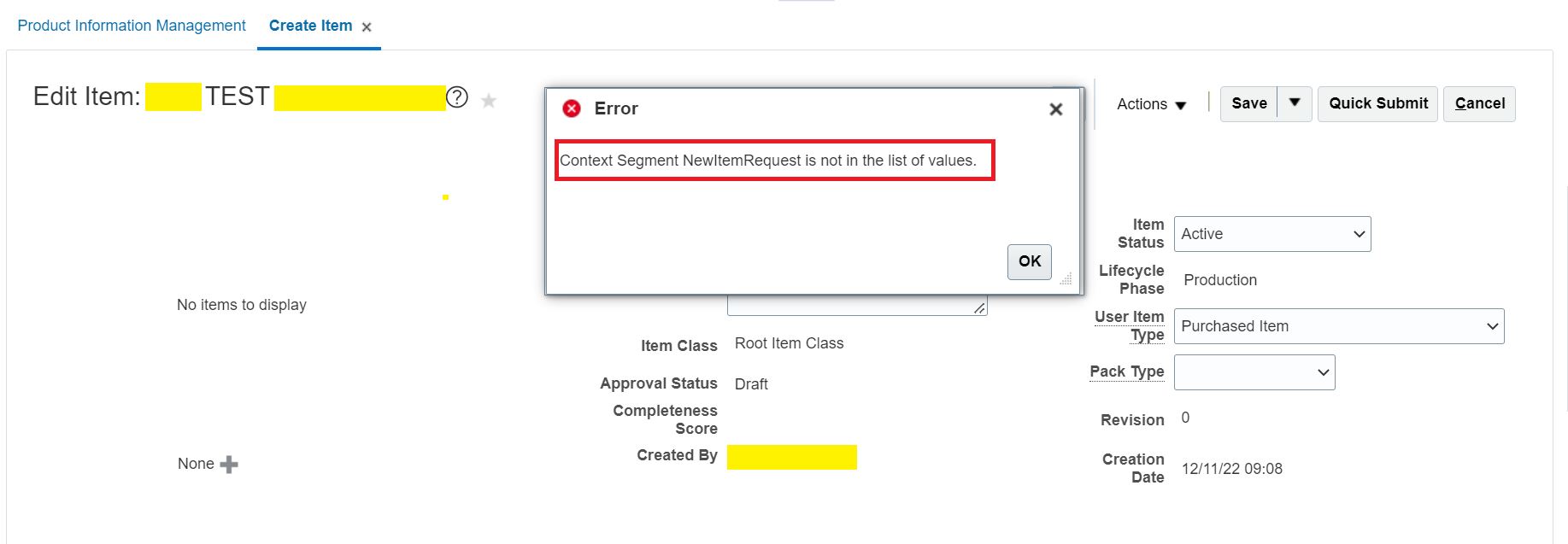 Not able to create a New Item — Cloud Customer Connect