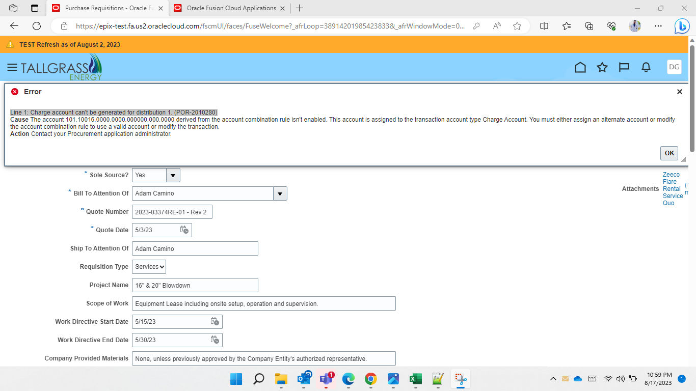 I am getting error while creating project requisition — Cloud Customer ...