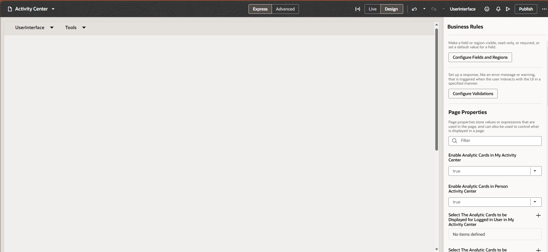 While doing changes in activity center in VBCS page, I am getting blank ...