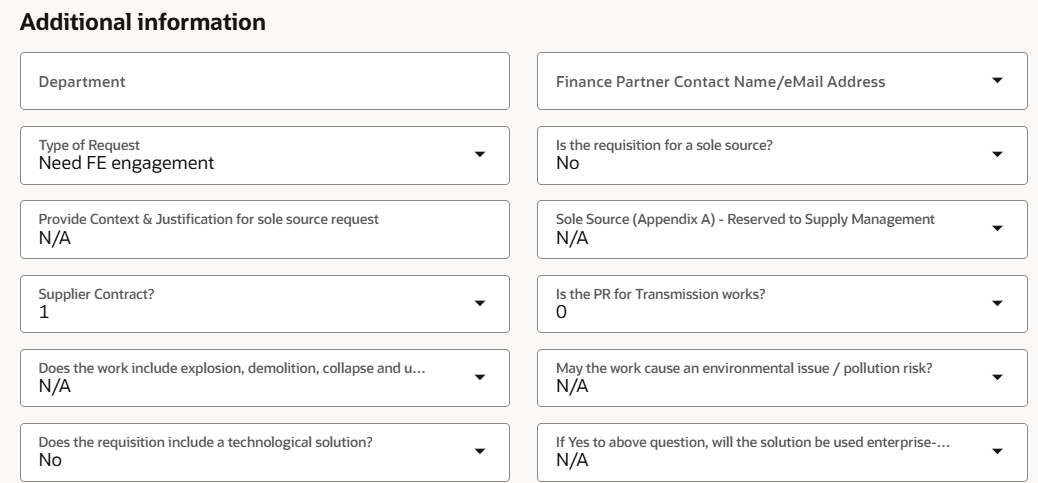 addition information questions (Flex field) for each of the requisition ...
