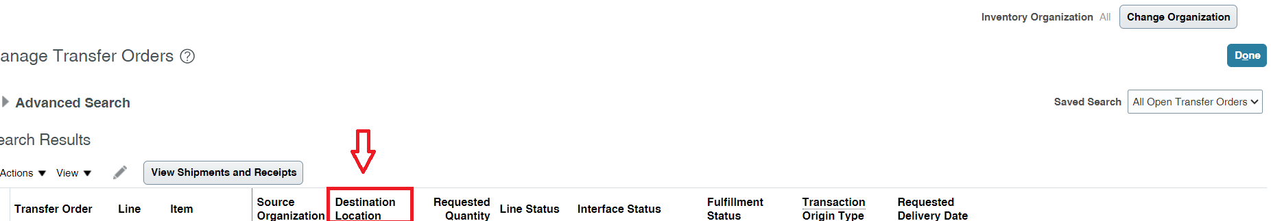 What is the table name for the destination location in Manage Transfer ...