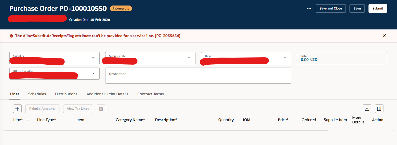 Receiving an error when submitting a stand-alone PO in Redwood Purchase ...