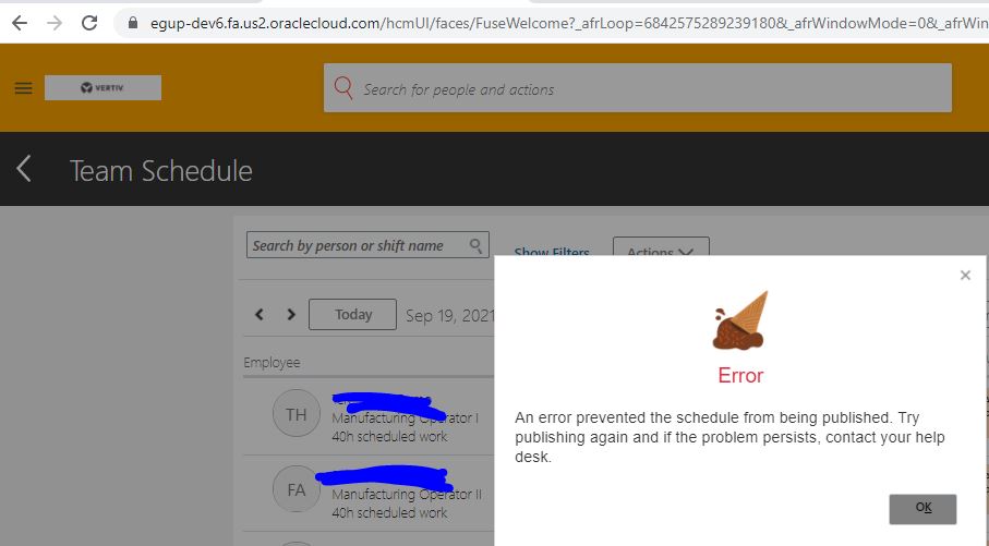 Team Optimisation Error Getting error when click on Publish under Team schedule via Line ...