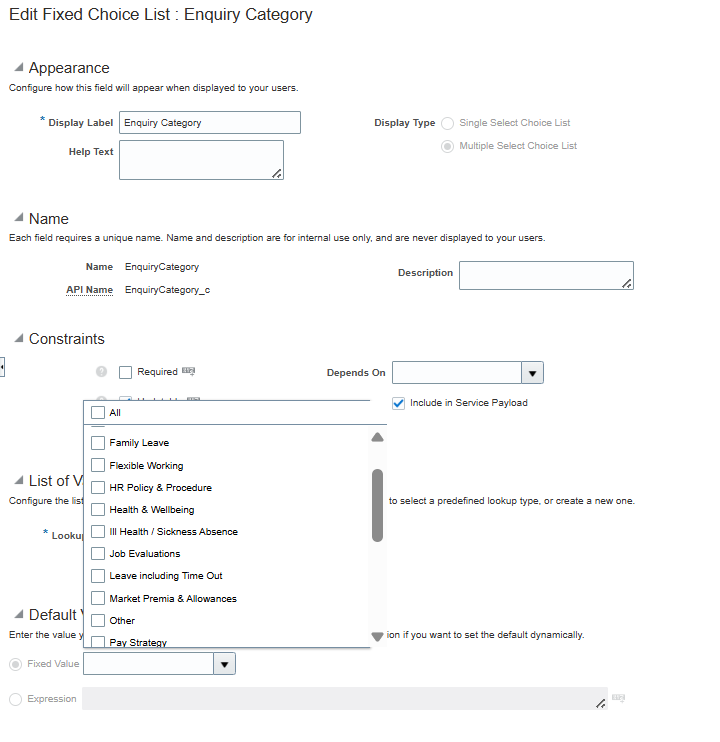 List of values not appearing in custom field — Cloud Customer Connect